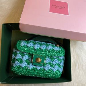 Kate Spade Evelyn Striped Crochet Raffia Small Shoulder Straw Crossbody Green